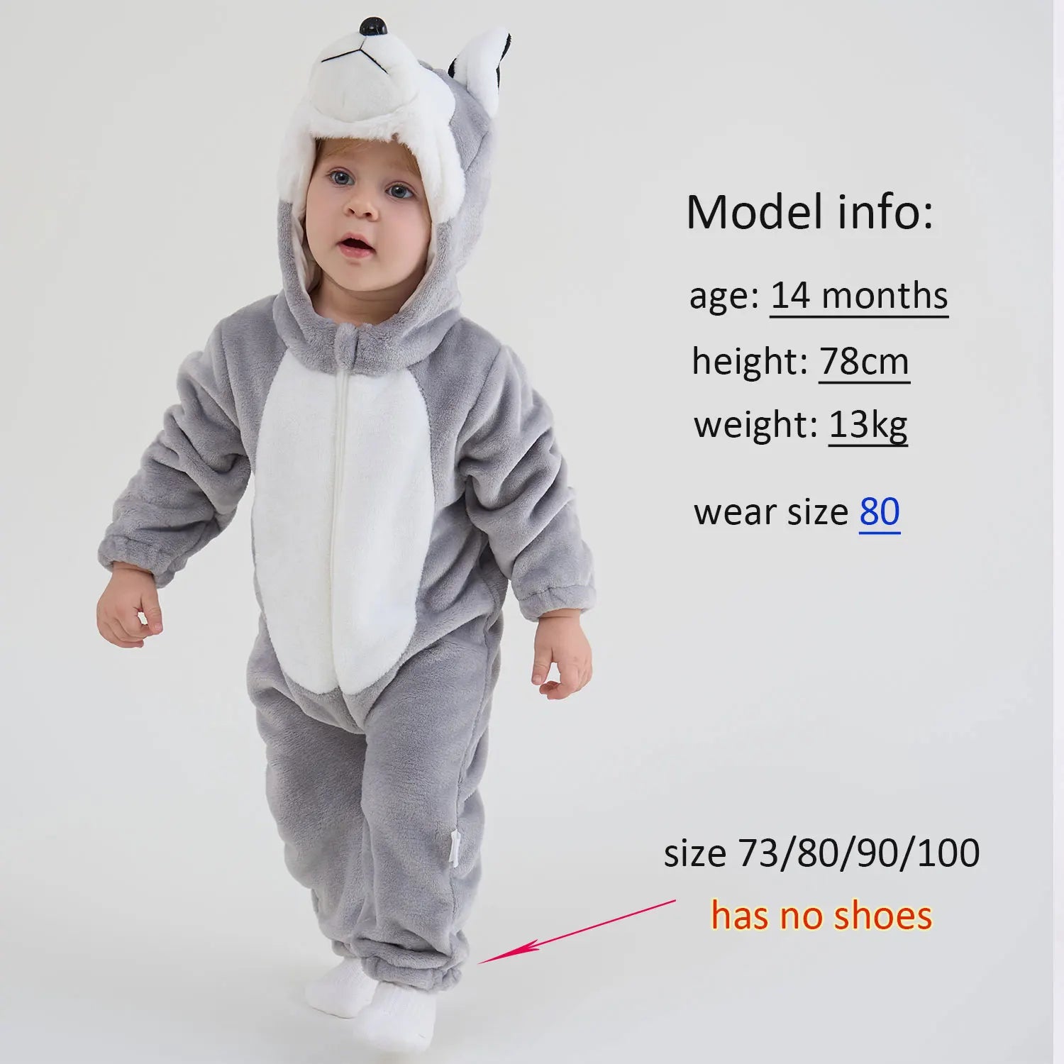 Two husky dog costume rompers showing foot coverings difference