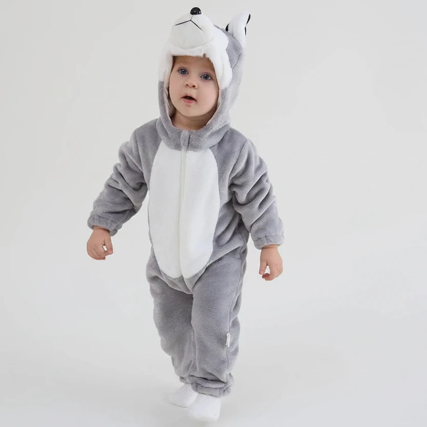 Two husky dog costume rompers showing foot coverings difference