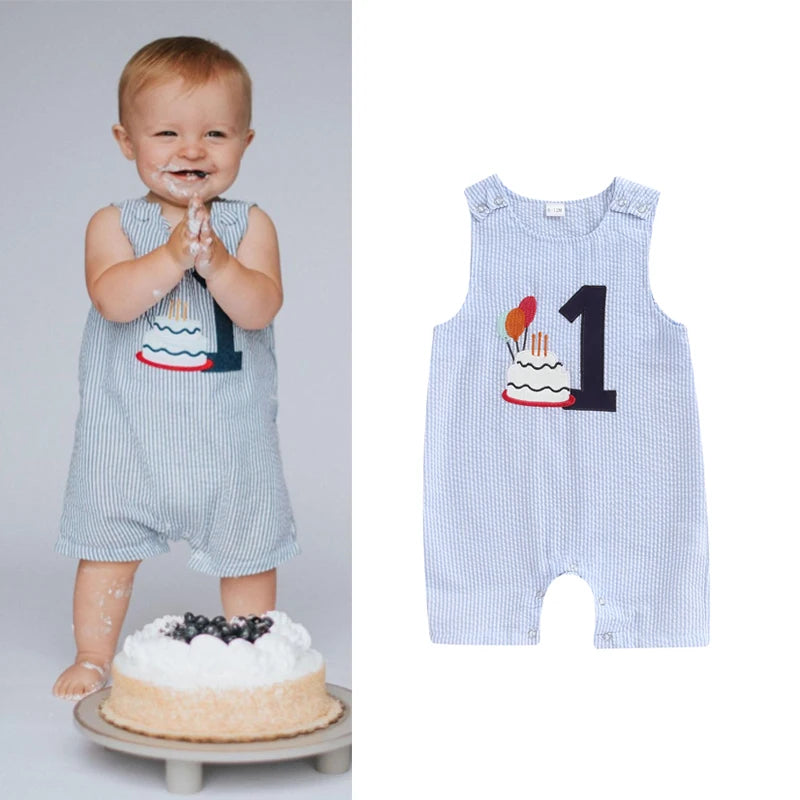 Striped Embroidered Baby Overalls Romper in Blue