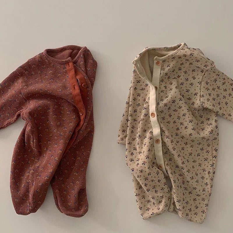 Floral Waffle Romper in Wine Red and Beige colors