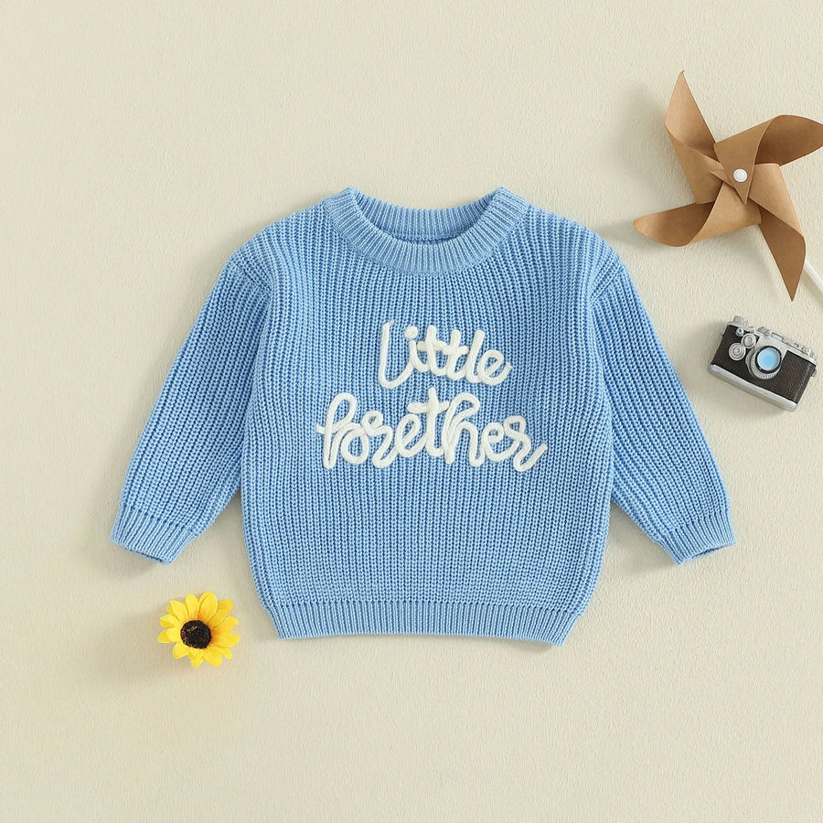 Sky blue Little Brother embroidered knit sweater with simple nursery props
