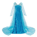 Blue sequin dress with sheer overlay and train