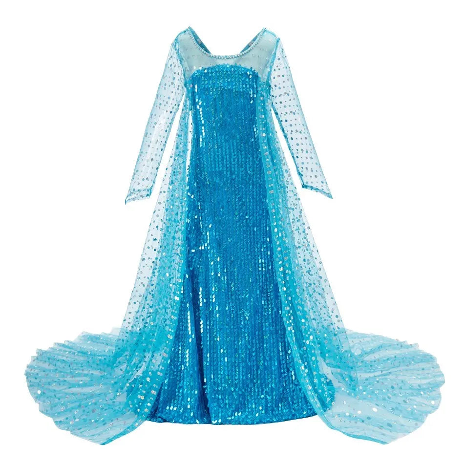 Blue sequin dress with sheer overlay and train