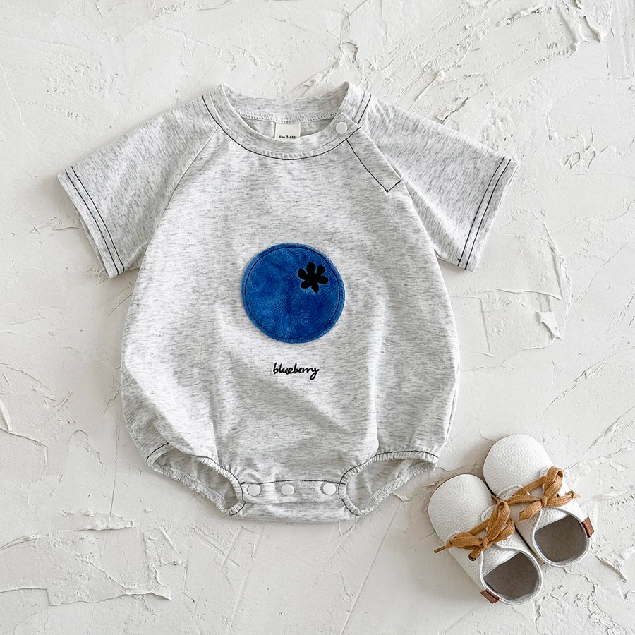 Gray Fruit Patch Bubble Romper with blue patch