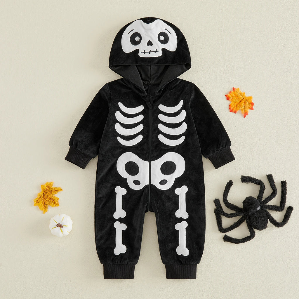 Black skeleton hooded romper front view with Halloween props