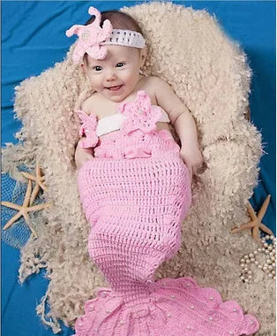 Light pink crochet baby mermaid costume set with starfish headband