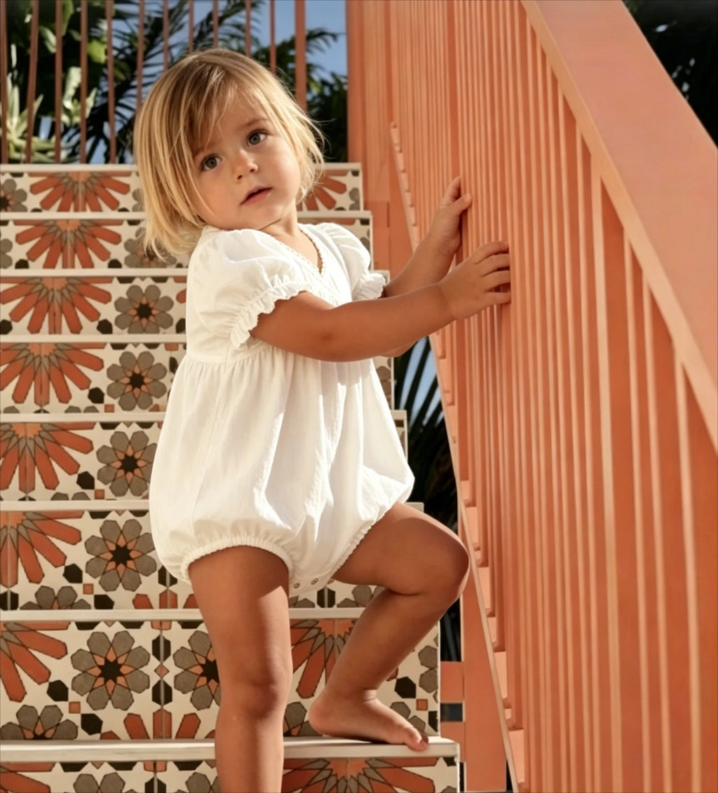Nordic Cotton and Linen Short Sleeve Lace Jumpsuit with Hollow Out Back and V-Neck for Babies