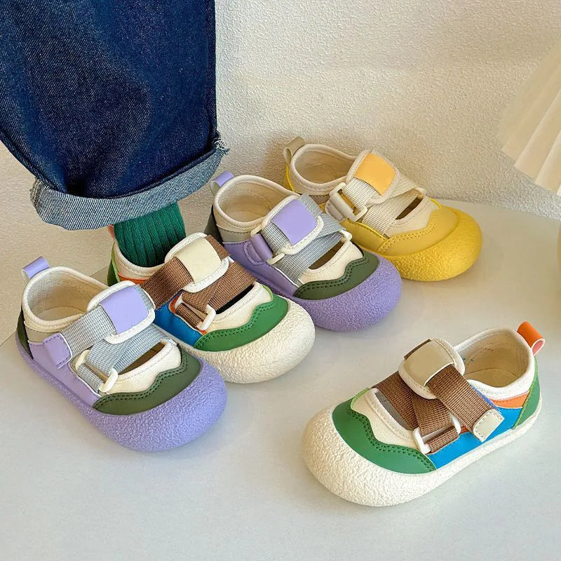 Sunny yellow, lilac, and green colorblock hook-and-loop play shoes