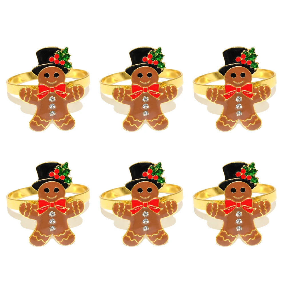 Gingerbread Man Christmas Napkin Rings — Set of 6. A gingerbread figure with a black hat, red bow, and holly accent.