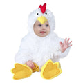 Baby wearing a fluffy white chicken costume jumpsuit with yellow feet covers and a hood with a yellow beak and red comb