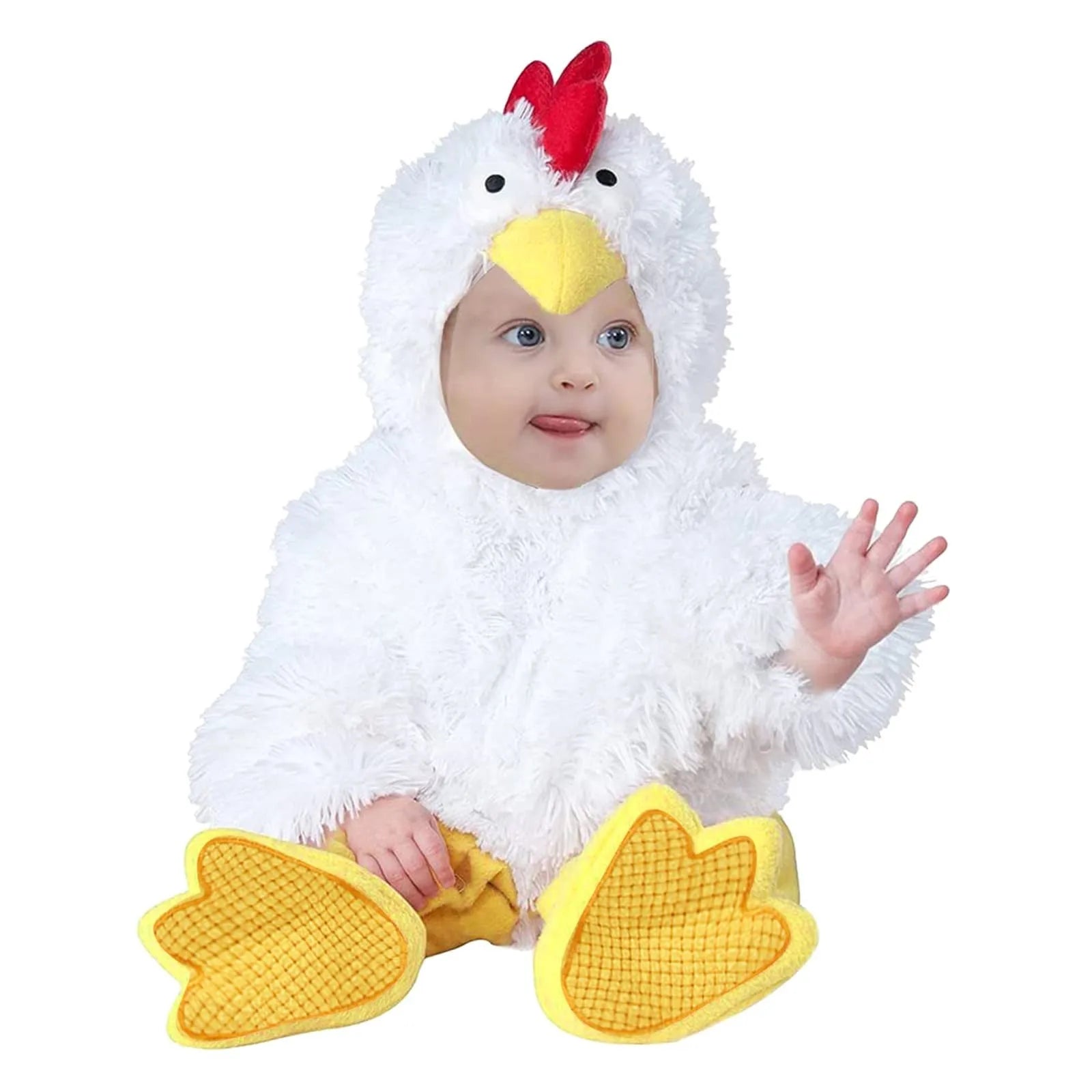 Baby wearing a fluffy white chicken costume jumpsuit with yellow feet covers and a hood with a yellow beak and red comb