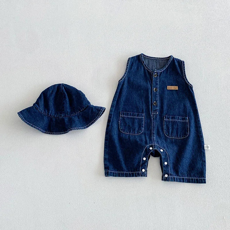 Soft denim romper with snap crotch and patch pockets