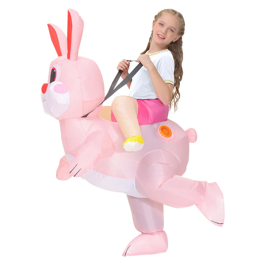 Child wearing pink inflatable bunny ride-on costume