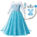 Blue princess dress costume set with tiara, wand, gloves, and braided hairpiece