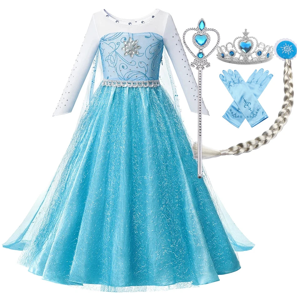 Blue princess dress costume set with tiara, wand, gloves, and braided hairpiece