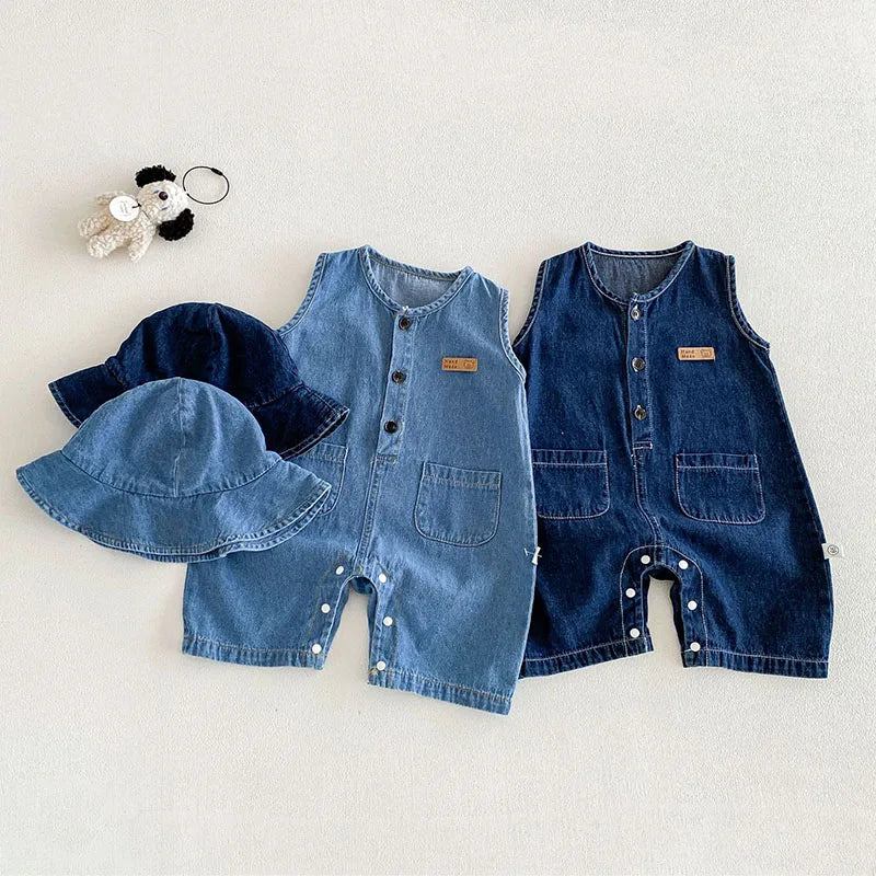 Soft denim baby romper with matching hat in deep blue