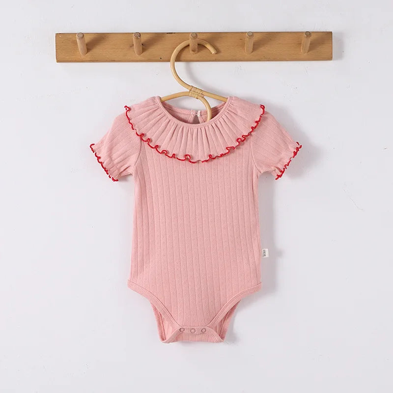 Baby Girls' Summer Triangular Bodysuit Pure Cotton Ruffled Collar Thin Trendy Clothing for Baby Girls