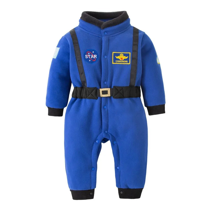 Alternate orange astronaut romper with black belt and patches