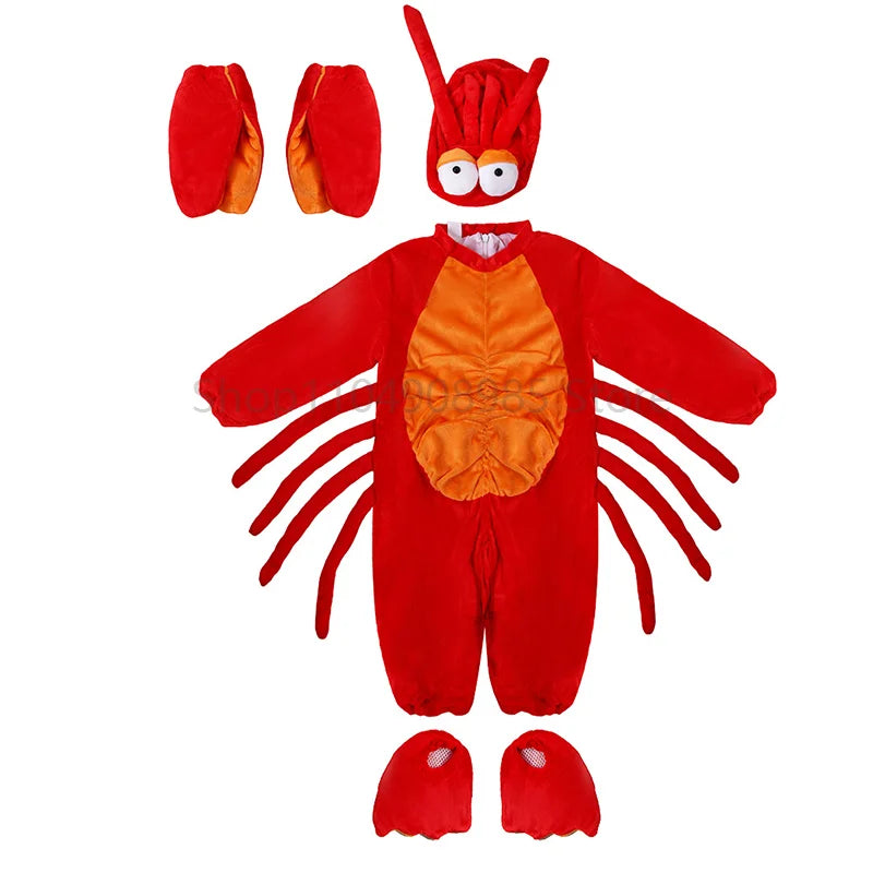 Infant red lobster costume set with jumpsuit, hood, claw mittens, and shoe covers