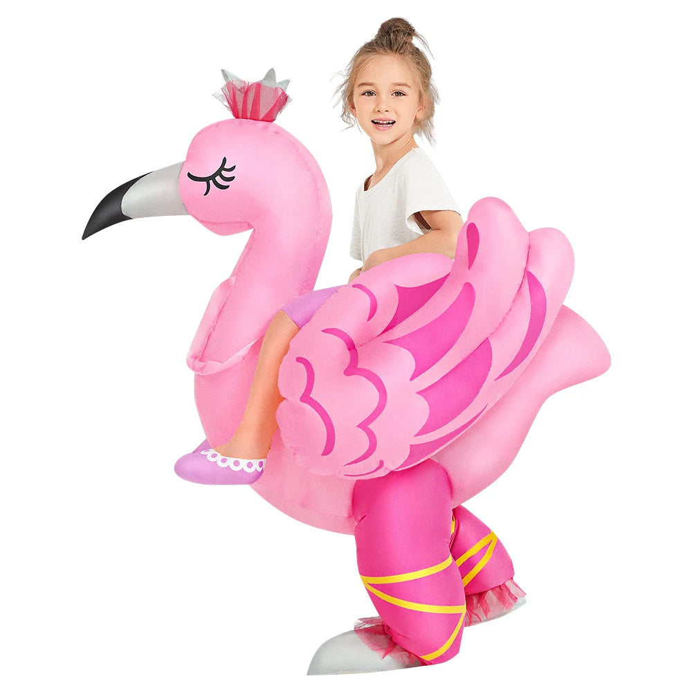 Child wearing an inflatable pink flamingo costume with crown and detailed wings