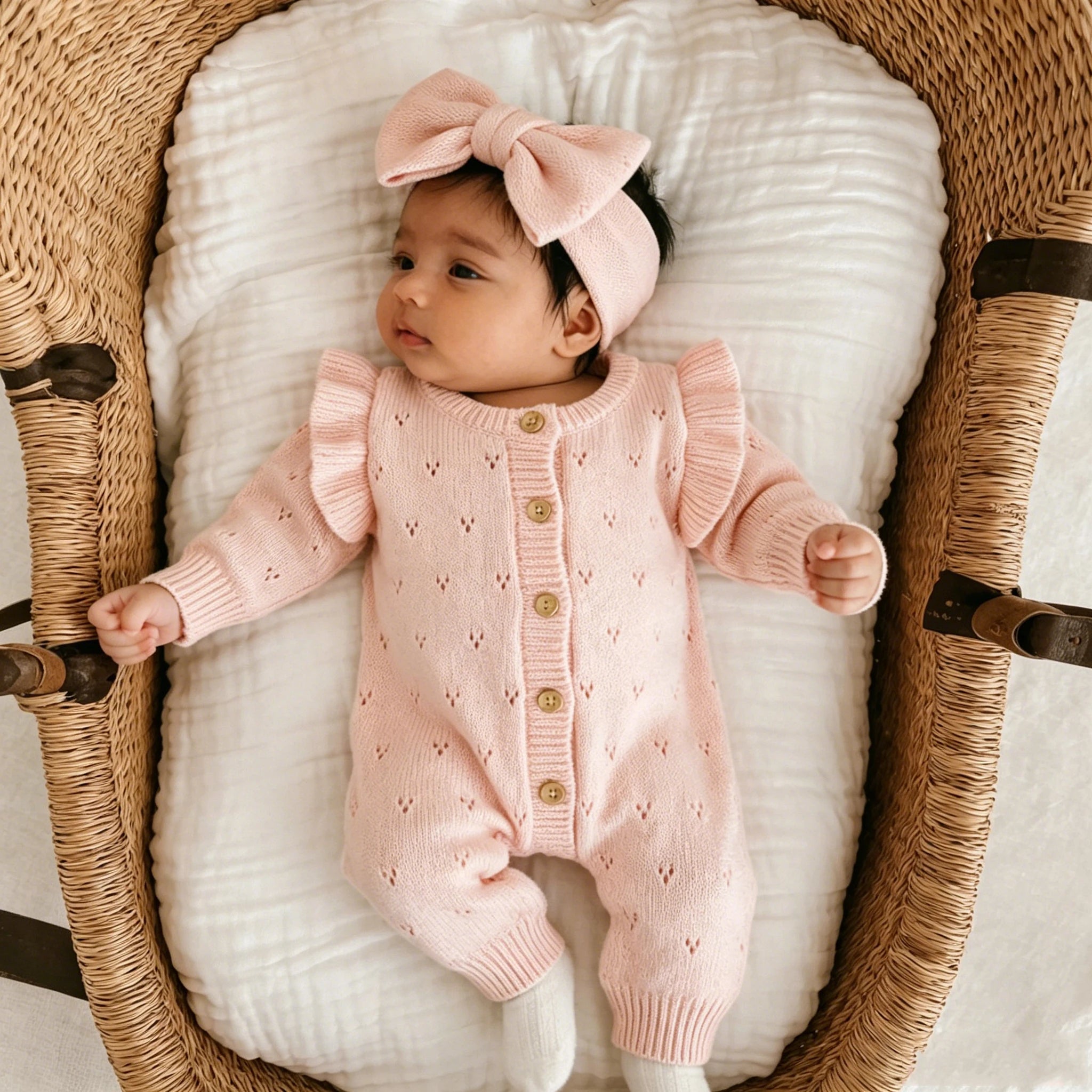 Ruffle Sleeve Knit Romper Set with Bow Headband in Pink