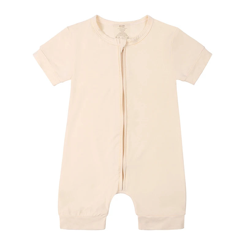 Soft Bamboo Short Sleeve Zip Romper - Cream Peach