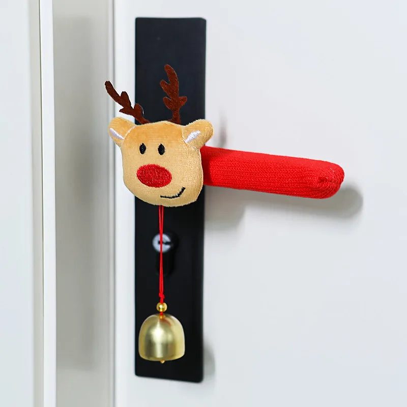 Red fabric door handle cover with a reindeer design and hanging bell