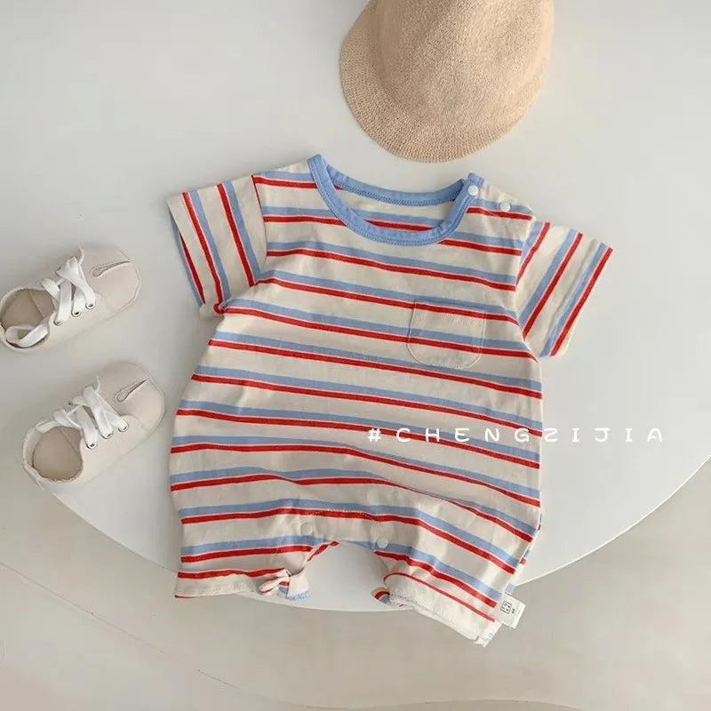 Children's summer romper featuring colorful striped rainbow pattern, lightweight and casual