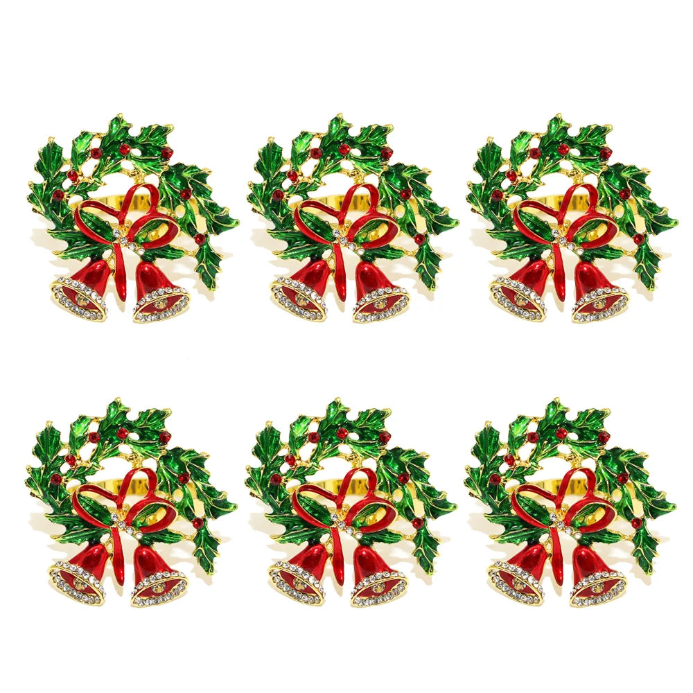 Christmas Holly Wreath and Bow Napkin Rings — Set of 6. A green holly wreath with a red bow and bells.
