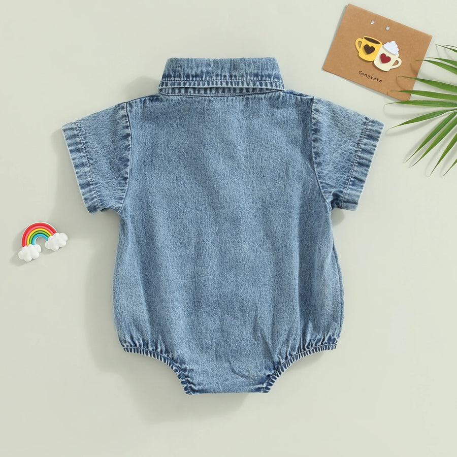 Denim Short Sleeve Baby Romper in Blue