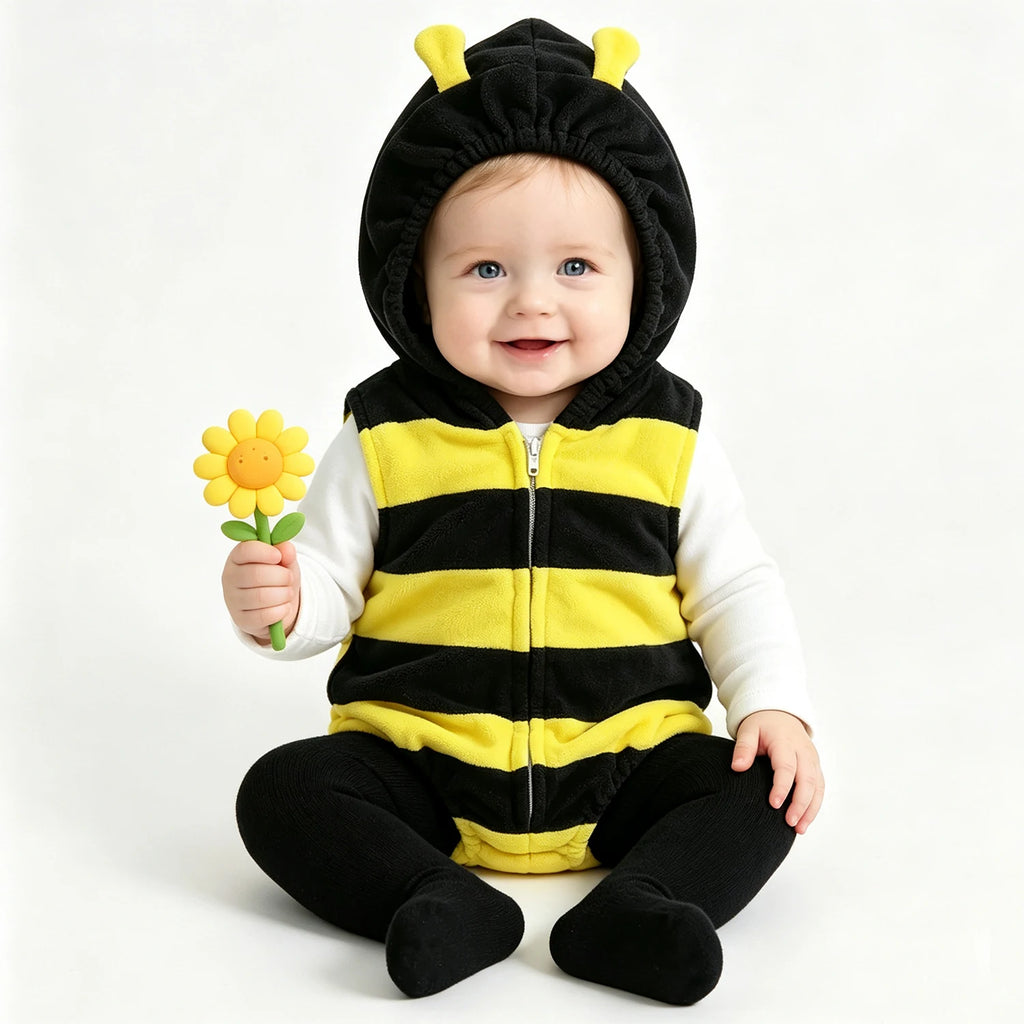 Infant wearing bumble bee romper costume with hood and antennae