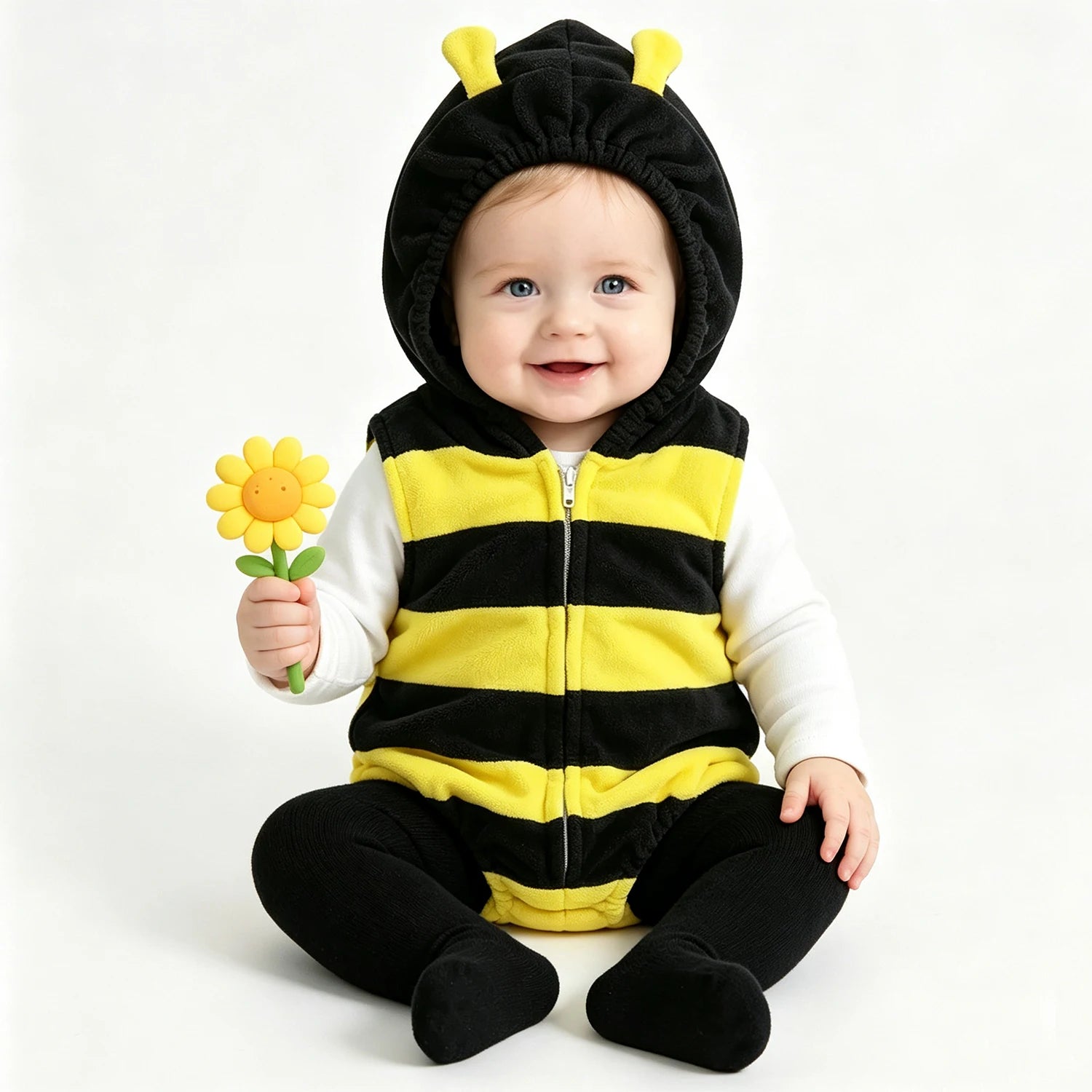 Infant wearing bumble bee romper costume with hood and antennae