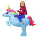 Child wearing a light blue inflatable unicorn costume with colorful mane and tail