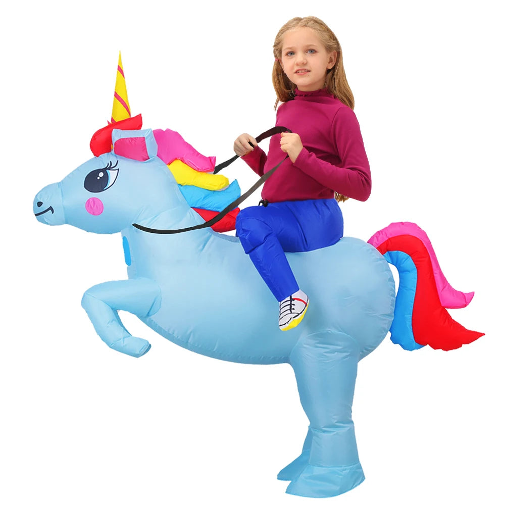 Child wearing a light blue inflatable unicorn costume with colorful mane and tail