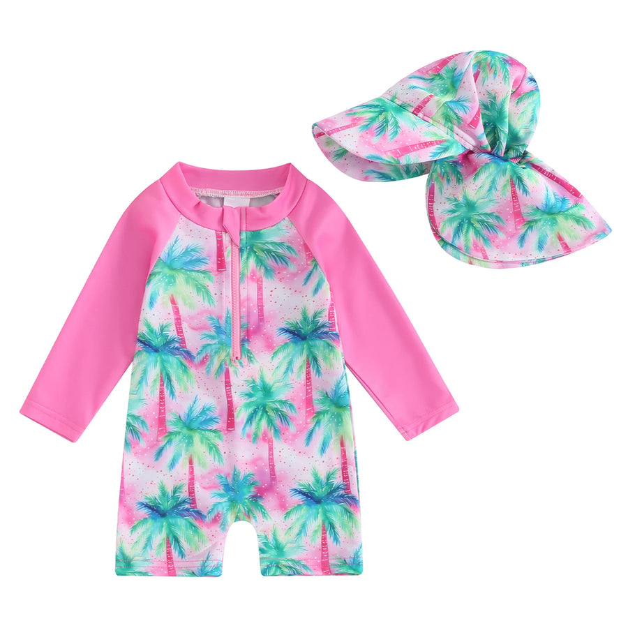 Floral Zip-Up Swimwear Set with Hat for Toddlers