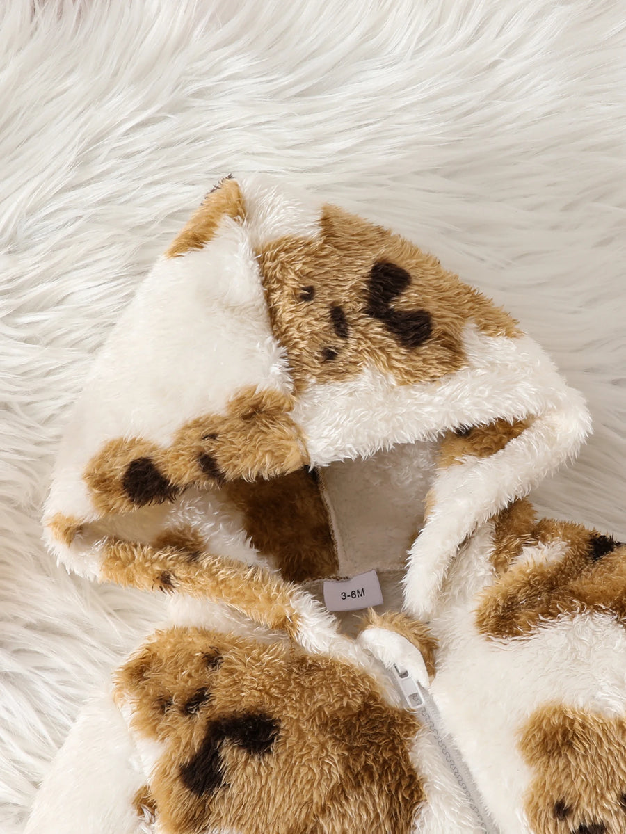Fluffy teddy bear printed romper for baby girls