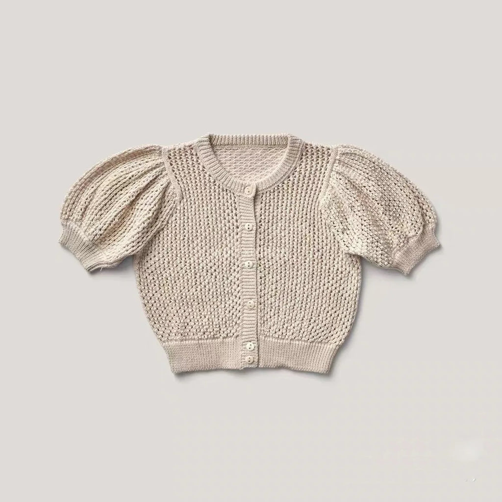 Girls Knit Cardigan Hollow Out Puff Short Sleeve Button Down Sweater Coat