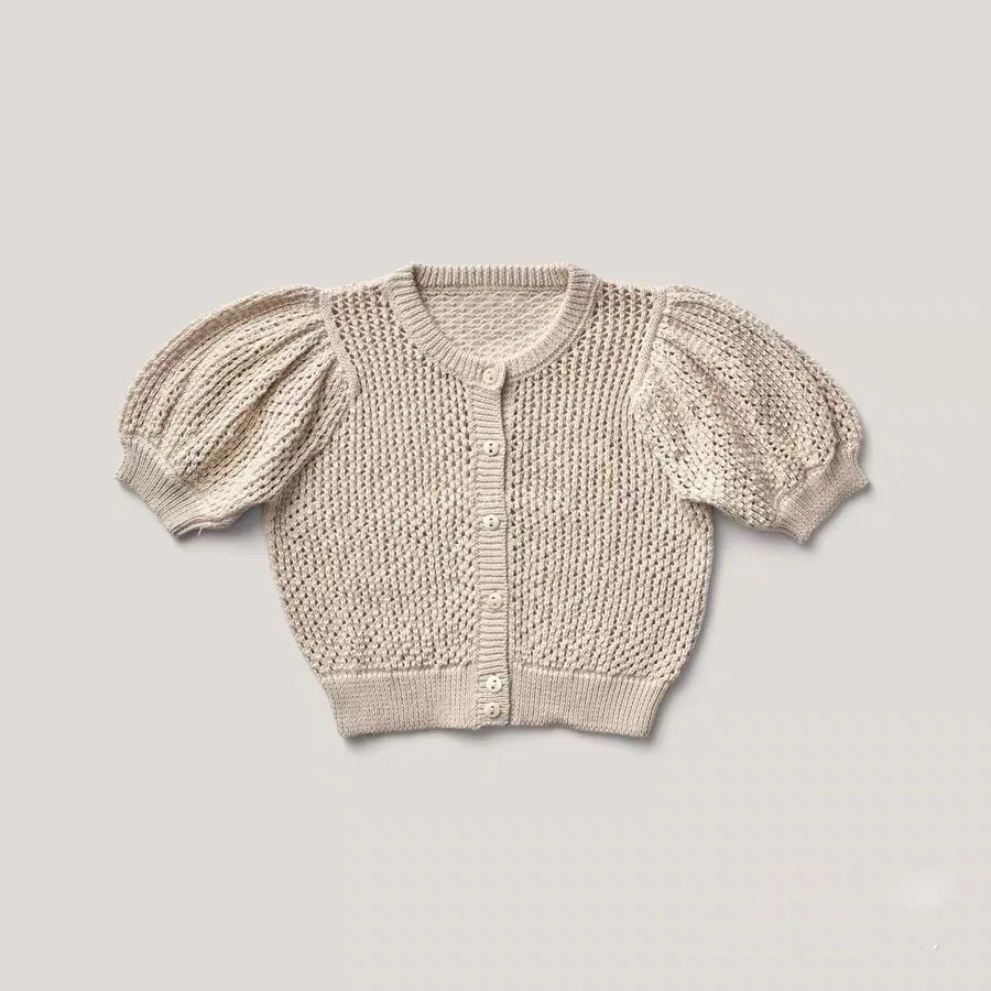 Girls Knit Cardigan Hollow Out Puff Short Sleeve Button Down Sweater Coat