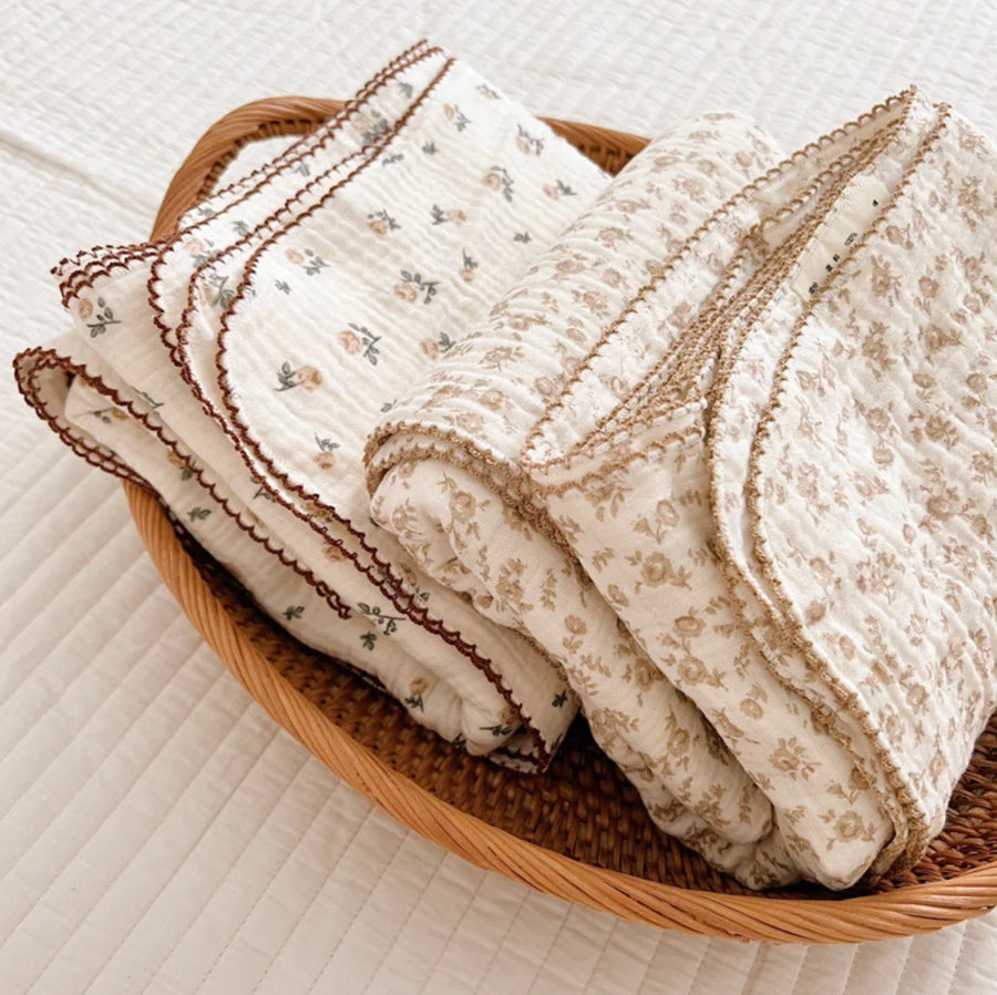 Muslin Floral Baby Blanket with tassels for newborns and toddlers