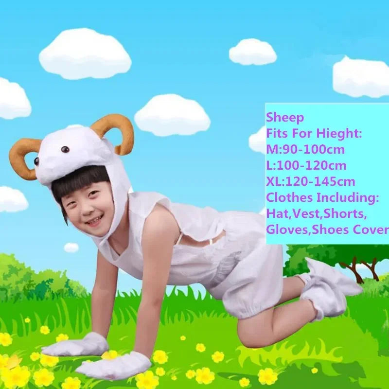 Child wearing white sheep animal costume set with hat, vest, shorts, gloves, and shoe covers