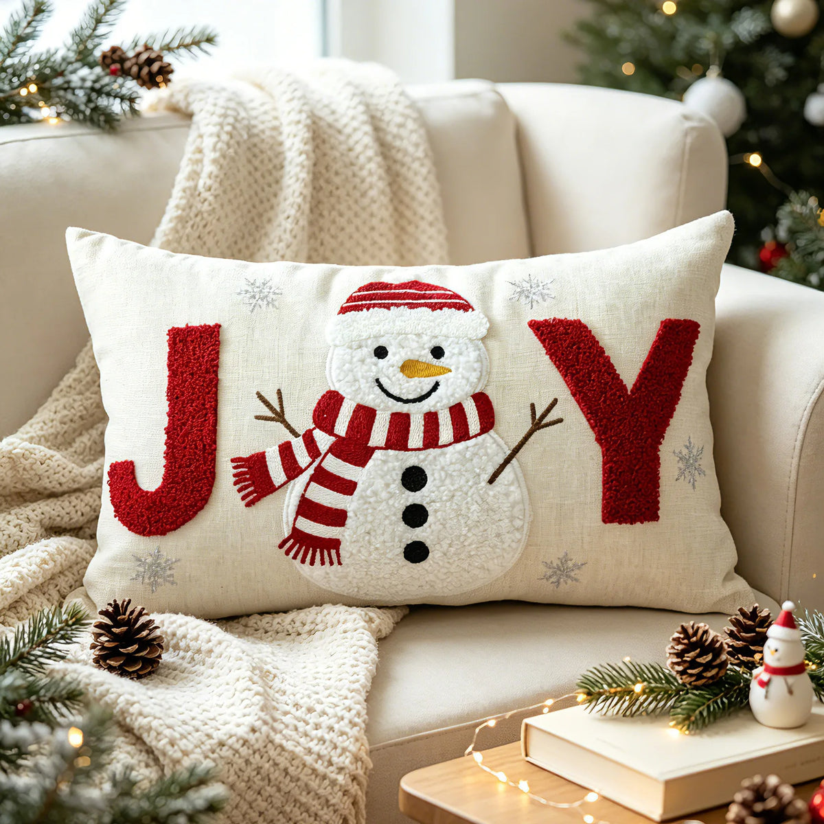 Christmas pillow cover featuring red JOY lettering with a snowman at the center.