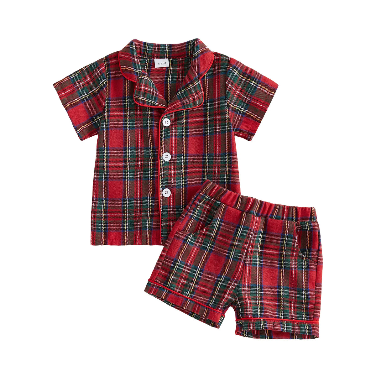Red plaid short-sleeve button-front pajama shirt and matching elastic-waist shorts.