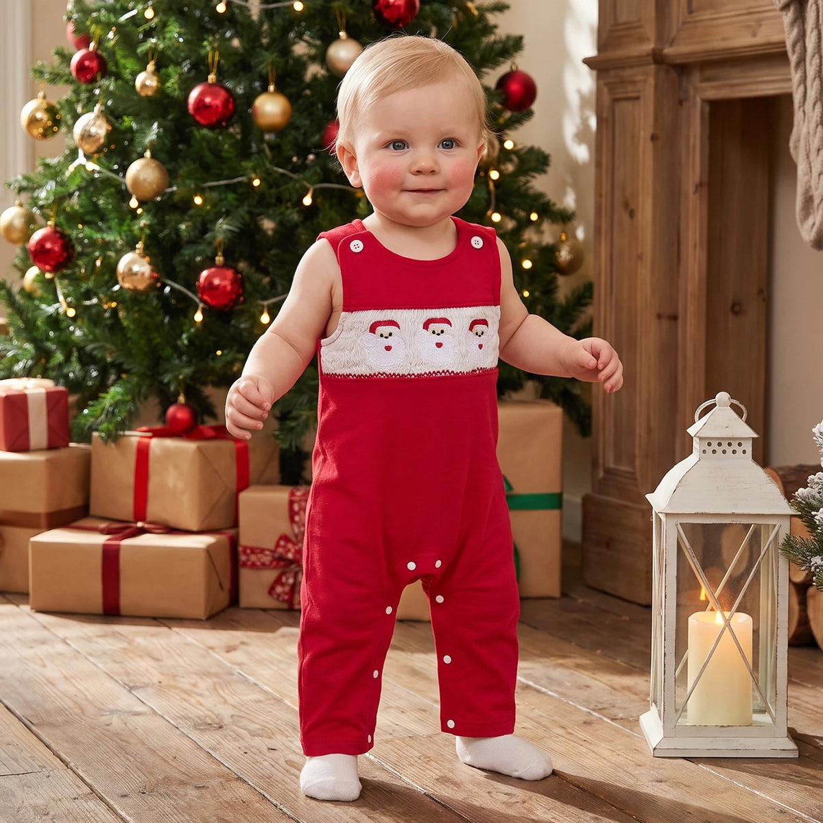 Child wearing a red sleeveless romper with long legs and a white chest panel featuring three Santa faces.