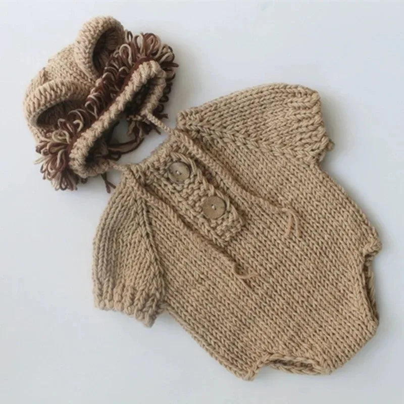 Handmade khaki knit baby lion costume set with romper and mane hat