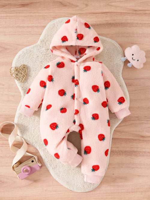 Strawberry Print Hooded Romper in Pink for Baby