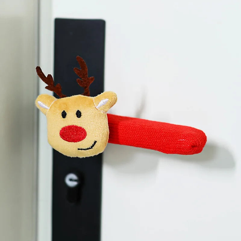 Red fabric door handle cover with a reindeer design