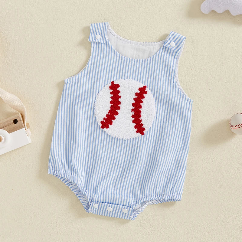 Sleeveless baseball embroidery bodysuit jumpsuit for babies