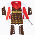 Roman Warrior costume set laid flat showing white tunic with red cape, brown faux armor chest piece with gold accents, and ar