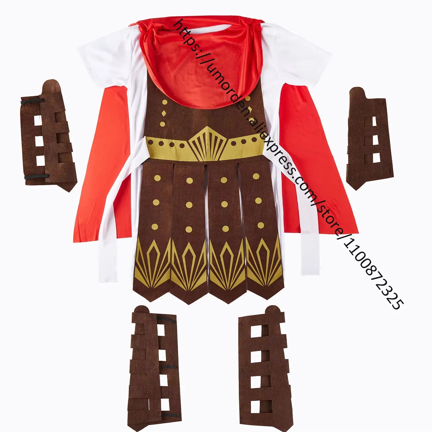 Roman Warrior costume set laid flat showing white tunic with red cape, brown faux armor chest piece with gold accents, and ar