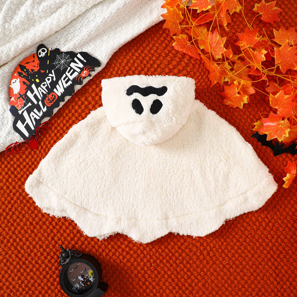 Back view of white ghost fleece cloak costume